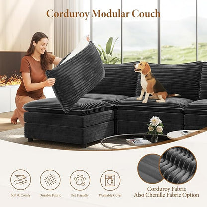 Vesgantti 142" U Shaped Sectional Couch, Comfy Cloud Modular Sectional Sofa with 2 Ottoman Deep Seat Corduroy Modern Cloud Sofa, Modular Sofas for Living Room, Bedroom and Apartment, Gray