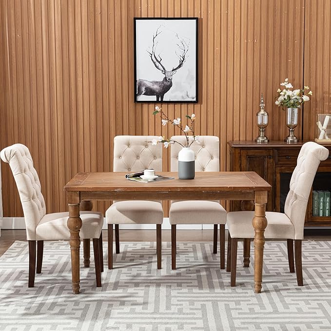 COLAMY Tufted Upholstered Dining Chairs Set of 2, Accent Parsons Chairs with Solid Wood Legs and Padded Seat, Beige