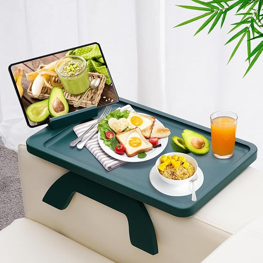 SINWANT Couch Arm Table Tray, Bamboo Sofa Arm Clip on Table, Foldable Couch Armrest Tray with 360° Phone Holder,Portable Sofa Tables for Remote Snack
