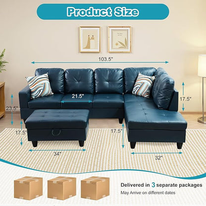 Couches for Living Room PU Leather L Shaped Couch Comfy 3 Pieces Sectional Sofa with Chaise, Ottoman with Storage for Office and Small Apartment, Peacock Blue
