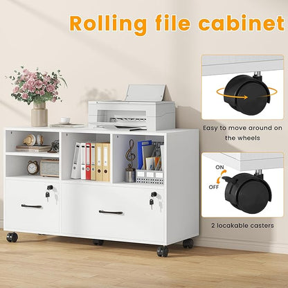 2 Drawer Wood Mobile Large Lateral File Cabinet with Lock, Lockable Rolling Filing Cabinet with Storage Shelves, Printer Stand Office Storage for Home Office Fits Files Legal/A4,White