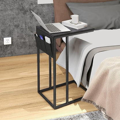 C Shaped End Table Set of 2, Side Table for Living Room, Couch Tables That Slide Under, TV Tray Snack Table for Sofa, Black