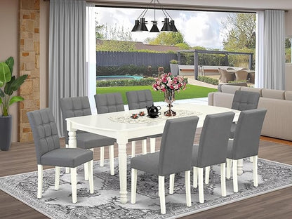 East West Furniture DOAS9-LWH-41 9 Piece Dining Table Set Includes A Kitchen Table and 8 Platinum Gray Polyester Fabric Person Chairs with Stylish Back- Linen White Finish