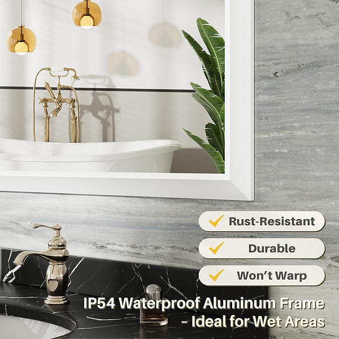 24x30 Inch White Bathroom Mirror for Wall, Thick Metal Framed Rectangle Mirrors for Over Sink, Bedroom, Living Room, Entryway, Anti-Rust, HD Tempered Glass
