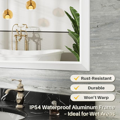24x36 Inch White Bathroom Mirror for Wall, Thick Metal Framed Rectangle Mirrors for Over Sink, Bedroom, Living Room, Entryway, Anti-Rust, HD Tempered Glass