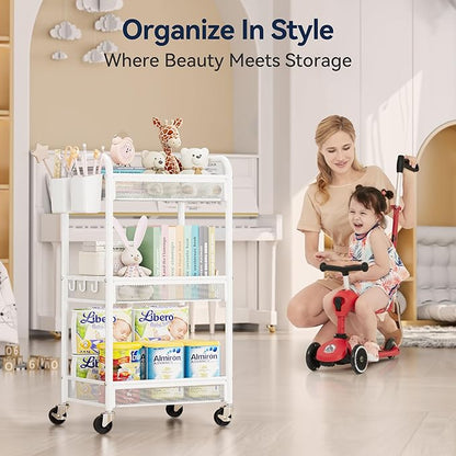 YASONIC 3 Tier Rolling Cart – Metal Utility Storage Cart with Wheels, Craft Carts Organizer with Hanging Cups, Hooks, Mesh Basket for Bedside Kitchen Office Art, White
