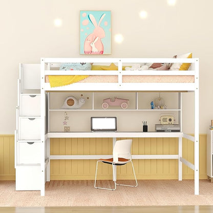 HomSof Full Size Loft Bed with Built-in Desk, Bookshelves and Storage Staircase,White