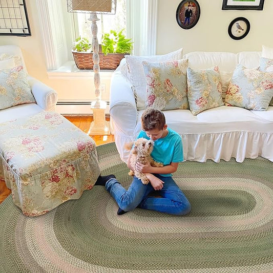 Homespice Grassland Oval Braided Rug 5x8' - Rustic Jute Braided Sage Green Rugs for Bedroom and Living Room
