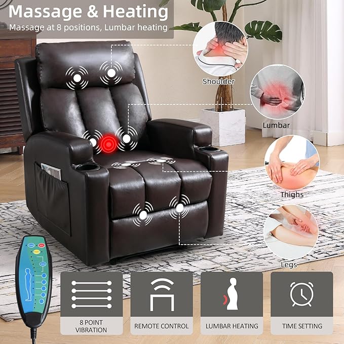 Phoenix Home Manual Recliner Chair Set of 2 with Massage and Heat, Ergonomic Overstuffed Faux Leather Recliner Single Sofa with 2 Cup Holders, Living Room Lounge Recliners on Clearance, Brown