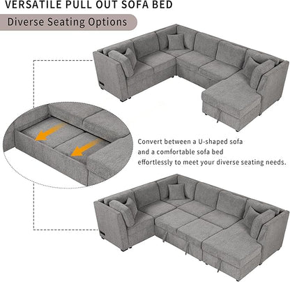 Ball & Cast 108.6" Sleeper Sectional Pull Out Sofa with 2 USB Ports,Two Power Sockets,Versatile U-Shape Couch w/ 3 Back Pillows and Storage Chaise,for Living Room,Office,Apartment,Light Gray