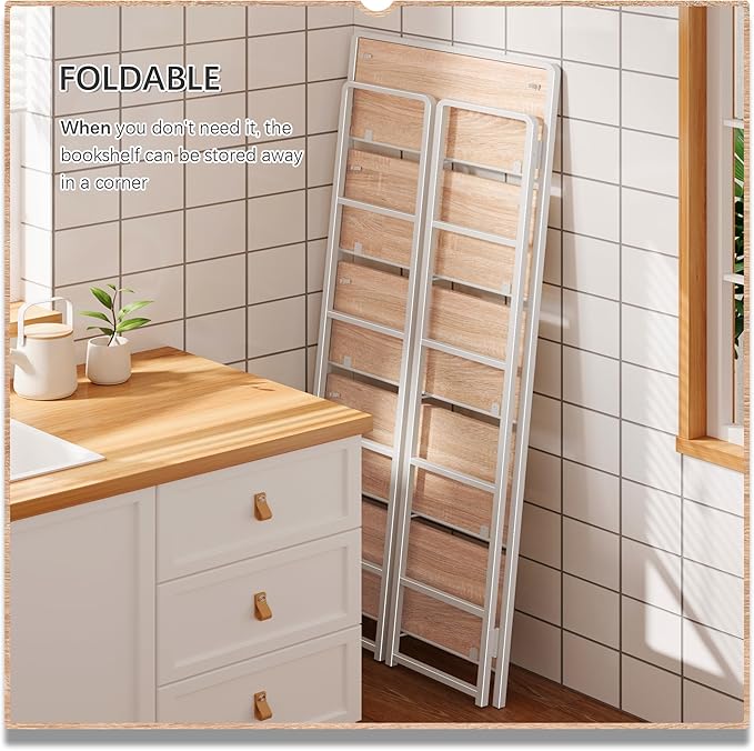 4NM No-Assembly 5 Tiers Folding Bookshelf Storage Shelves Vintage Bookcase Standing Racks Study Organizer Home Office (Natural White)