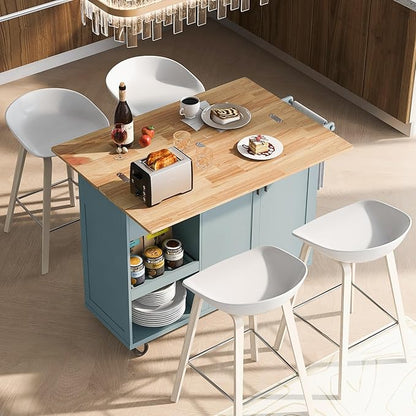49" Kitchen Island with Foldable Counter Top,Kitchen Storage Cart W/Slide-Out Shelf,Towel Rack and Drawer,Rolling Kitchen Cart on Wheels,for Kitchen,Living Room,Dining Room,Grey Blue
