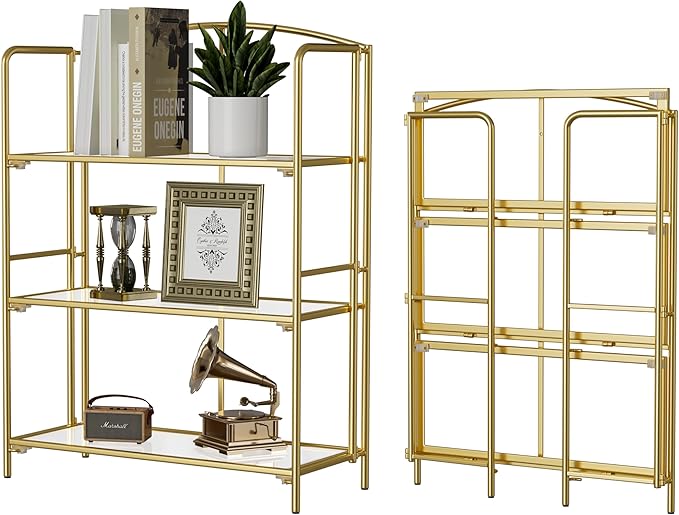 Crofy No Assembly Folding Bookshelf for Living Room, 3 Tier Gold Collapsible Book Shelf for Home Office, Portable Bookcase Storage Organizer