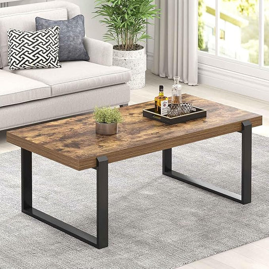 FOLUBAN Coffee Table, Modern Rustic Wood and Metal Center Table, Industrial Rectangle Cocktail Tea Table for Living Room, Brown, 47 Inch