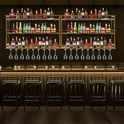 Metal Wine Rack Wall Mounted, Bar Shelves for Liquor Bottles with LED Light, 3 Tier Large Capacity Liquor Rack Wall Mounted with Glass Holder for Home Bar & Dining Room （Gold, 31in/80cm）