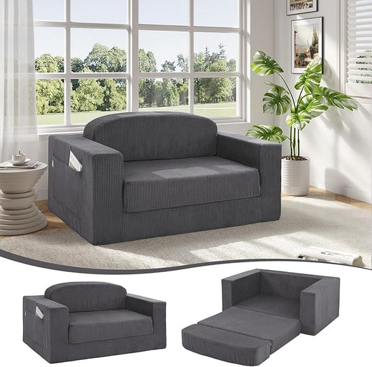 MeMoreCool Convertible Sofa Bed, Pull Out Loveseat Sleeper Sofa, Small Boneless Cloud Couch Bed for Adults, Fold Out Foam Love Seat Grey, Corduroy Folding Floor Couch for Bedroom