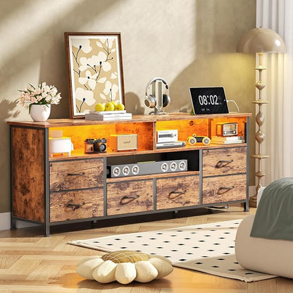 Furologee 55" LED TV Stand for Bedroom with Power Outlets, Entertainment Center with 6 Fabric Drawers for 50/55/60 inch TVs, Dresser TV Stand Long Console Media Table for Living Room, Rustic Brown