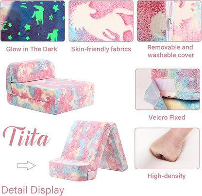 Tiita Folding Sofa Bed for Kids, Toddler Fold Out Couch Bed with Removable Cover, Kids Futon Sleeper Chair Folding Bed Mattress for Kids Room, Living Room, Guest Room,Colorful