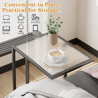 C Shaped End Table Set of 2, Couch Side Tables for Living Room, Small Glass End Table with Metal Frame, Modern Snack Table for Bedroom, Small Space, Easy Assembly, Black, 23.62 x 15.75 x 11.81