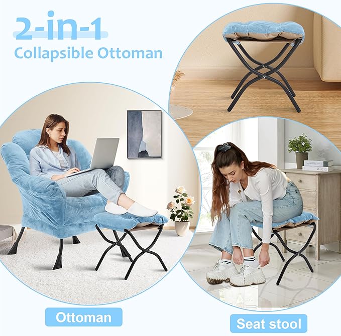 Fabric Lazy Chair with Ottoman, Oversized Upholstered Sofa Chair for Adults, Plush Comfy Lounge Chair with Large Side Storage Pocket, Reading Chair for Living Room, Bedroom, Study Room, Blue
