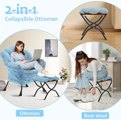 Fabric Lazy Chair with Ottoman, Oversized Upholstered Sofa Chair for Adults, Plush Comfy Lounge Chair with Large Side Storage Pocket, Reading Chair for Living Room, Bedroom, Study Room, Blue
