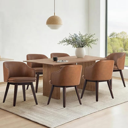 Wooden Dining Chairs Set of 2, Faux Leather Upholstered Modern Dining Room Chairs with Barrel Backrest & Double-Layer Thick Cushion for Living Room, Restaurant, Kitchen and Café, Brown