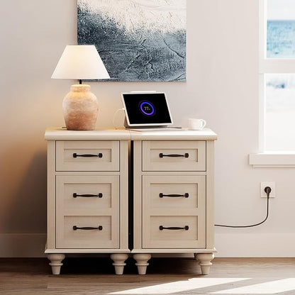 WAMPAT Set of 2 End Tables with Charging Station, Beige Tall Side Table with Storage Cabinet & Drawer, Wooden Nightstands with Power Outlets & USB Ports for Bedroom, Living Room