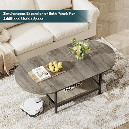 SAYGOER Folding Coffee Tables for Living Room 2-Tier Extended Coffee Table with Storage Vintage Farmhouse Center Table for Large or Small Spaces, Foldable, Gray Wash