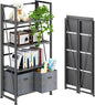 4NM No-Assembly Folding Bookshelf Storage Shelves 4 Tiers Vintage Bookcase Standing Racks Study Organizer Home Office (All Black)