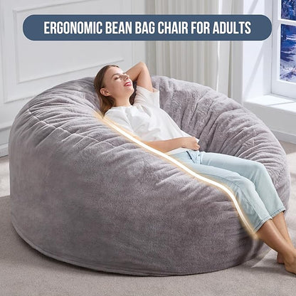 Hobestluk 5ft Bean Bag Chairs for Adults Large Beanbag Chair with Plush Faux Fur Cover Big Bean Bag Chair for Living Room Bedroom Dorm Office - Grey (50” x 50” x 24”)