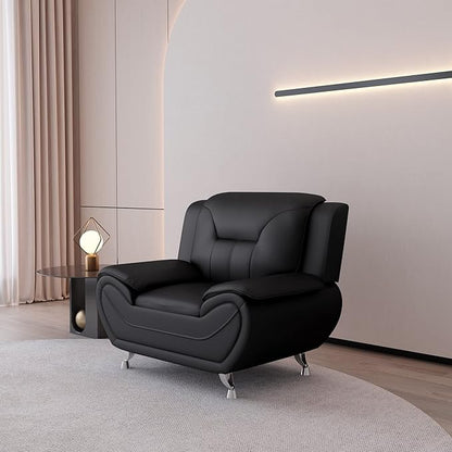 Container Furniture Direct Michael Modern Faux Leather Upholstered Stainless Steel Legs Living Room Sofa, Chair, Midnight Black