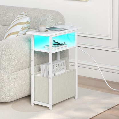 Narrow Side Table with Charging Station, LED End Table for Small Spaces, Skinny White Nightstands with Storage Basket, 3 Tier Sofa Bedside Tables for Living Room,Bedroom, White