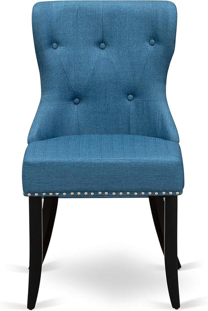 East West Furniture DLSI5-BLK-21 5 Piece Dining Room Table Set Includes a Round Kitchen Table with Dropleaf and 4 Blue Linen Fabric Parson Dining Chairs, 42x42 Inch, Black