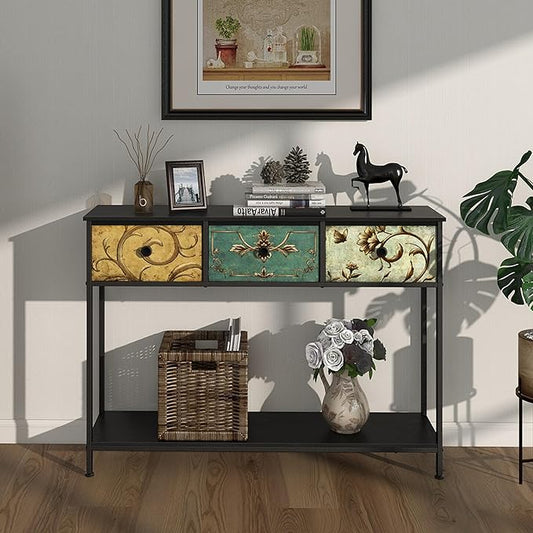 Tohomeor Entryway Console Table with 3 Retro Flowers Fabric Drawers Boho Narrow Long Behind Couch Farmhouse Sofa Table with Bottom Open Storage Shelf for Hallway Living Room Foyer (Black, 3 Drawers)