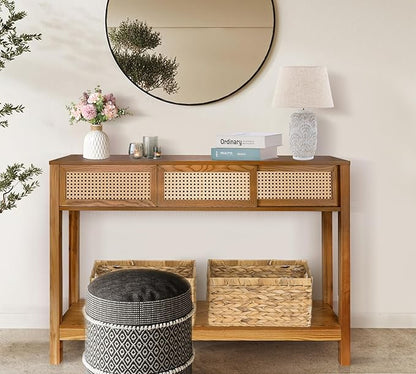 ZYBT Long Console Table, Rattan Entry Table, Console Tables for Entryway, Narrow Wood Console Table with Storage, Rustic Couch Table Hallway Table Brown Boho Sofa Table for Living Room