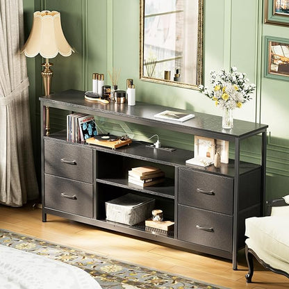 Huuger TV Stand Dresser with Power Outlets and LED Lights, 4 Drawers Entertainment Center with Shelf, 54 Inch Media Console for 55 60 Inch TV, 4 AC Outlets, 2 USBs, Dresser with PU Finish, Black