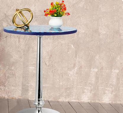 CLEENTABLE Mosaic Round End Table for Living Room & Bedroom - Artistic Coffee Side Table with Polished Aluminum Legs, Enamel-Coated Top, Lightweight Design, Easy Assembly (Blue Silver)