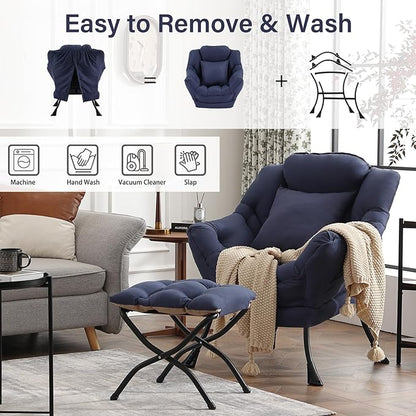 Large Lazy Chair with Ottoman, Accent Reading Chair with a Throw Pillow, Cozy Lounge Chair with Armrest, Leisure Sofa Chair for Living Room, Bedroom, Dorm, Peach Navy