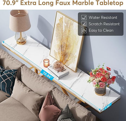 Tribesigns 70.9 inch Extra Long Console Table, Modern Gold Sofa Table Behind Couch with Storage, 4 Tier Entryway Accent Table for Living Room, Hallway, Entrance, Faux Marble White