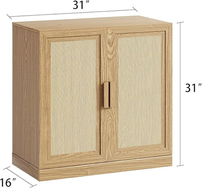 Buffet Cabinet, 2-Doors Sideboard Cabinet with Rattan Panels, Buffet Console Accent Table for Hallway Entryway Dining Room, 31", Oak