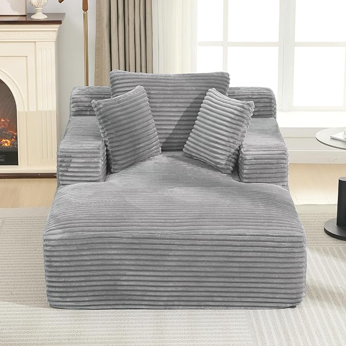 Oversized Chaise Daybed Lounge Sleeper Chair Sofa Bed Indoor, Fluffy Corduroy Upholstered Sleeper Recliner Sofabed Full Foam Boneless Cloud Sofabed W/3 Pillows for Home/Apartment Living Room Bedroom
