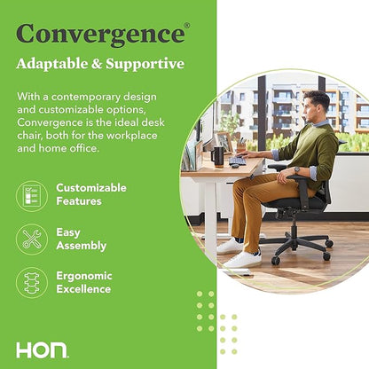 HON Convergence Ergonomic Office Chair, Breathable Back Support Mesh, Adjustable Arms, Computer Chair with Lumbar Support, Rolling Swivel Wheels, Comfortable Synchro-Tilt Recline, Fabric, Fog