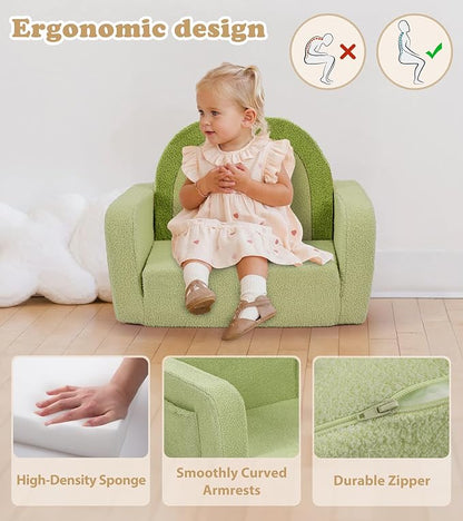 Kids Couch, 2-in-1 Soft Toddler Couch Fold Out with Blanket, Comfy Toddler Chair, Convertible Sofa to Lounger, Convertible Sofa to Lounger, Gifts for Kids Girl Boys, Medium Green Rainbow