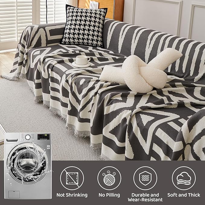 STACYPIK Dark Grey Chenille Couch Covers, Boho Sofa Covers for 2 Cushion Couch, Loveseat Couch for Sectional, Non Slip Couch Cover Tassels for L-Shaped, Multi-Use Jacquard Decorative Blanket-71X118IN