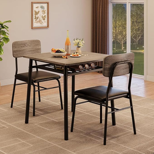 GAOMON 3-Piece Dining Table Set for 2, Wood Kitchen Table Set with Built-in Storage Rack,Small Kitchen Table with Upholstered Chairs and Metal Frame for Small Spaces，Gray
