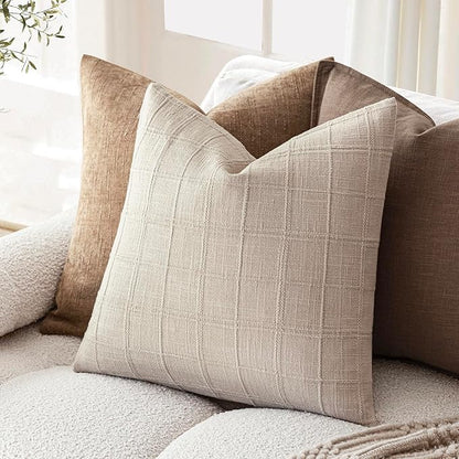 Foindtower Set of 2 Decorative Linen Check Throw Pillow Covers Neutral Farmhouse Vintage Cushion Covers Modern Boho Home Decor For Sofa Chair Couch Bedroom Living Room Outdoor,18×18 Inch,Natural Linen