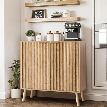 Pamapic Fluted Storage Cabinet, Sideboard Buffet Cabinet with Storage, Buffet Sideboard, Console Table, Credenza, Wood Modular Organizer with Doors & Shelf（Oak）