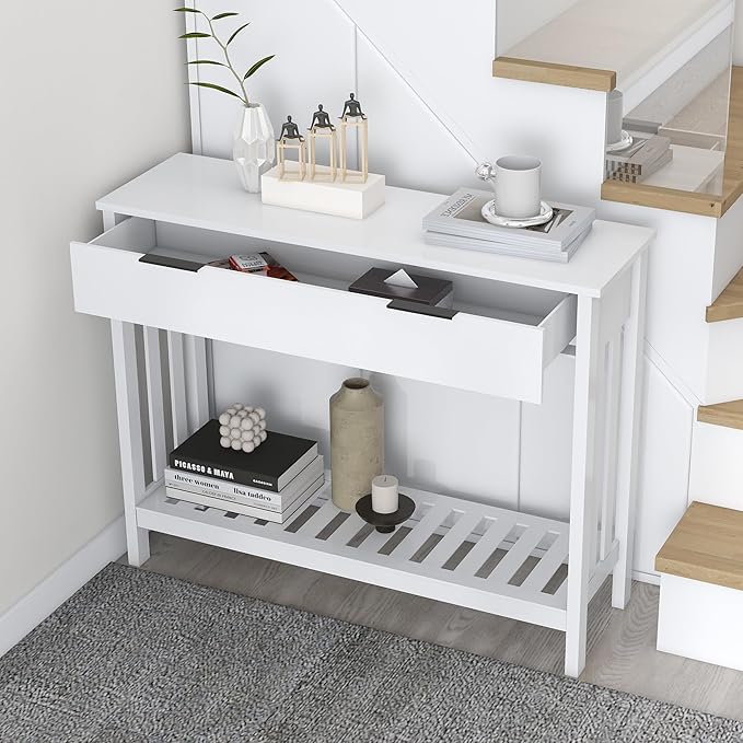 TaoHFE White Narrow Console Table with Storage Modern Wood Entryway Table with Drawer Hallway Table Sofa Tables for Living Room, Entrance Tables for Front Door Corridor, Office, White