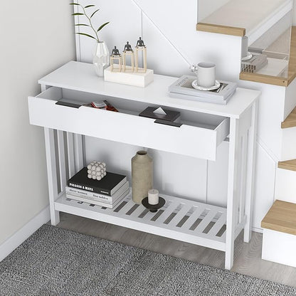 TaoHFE White Narrow Console Table with Storage Modern Wood Entryway Table with Drawer Hallway Table Sofa Tables for Living Room, Entrance Tables for Front Door Corridor, Office, White