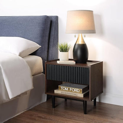 Manhattan Comfort Duane Modern Ribbed Nightstand, Bedside Table with Full Extension Drawer and Open Shelf, Industrial Chic Living Room and Bedroom Furniture, Black